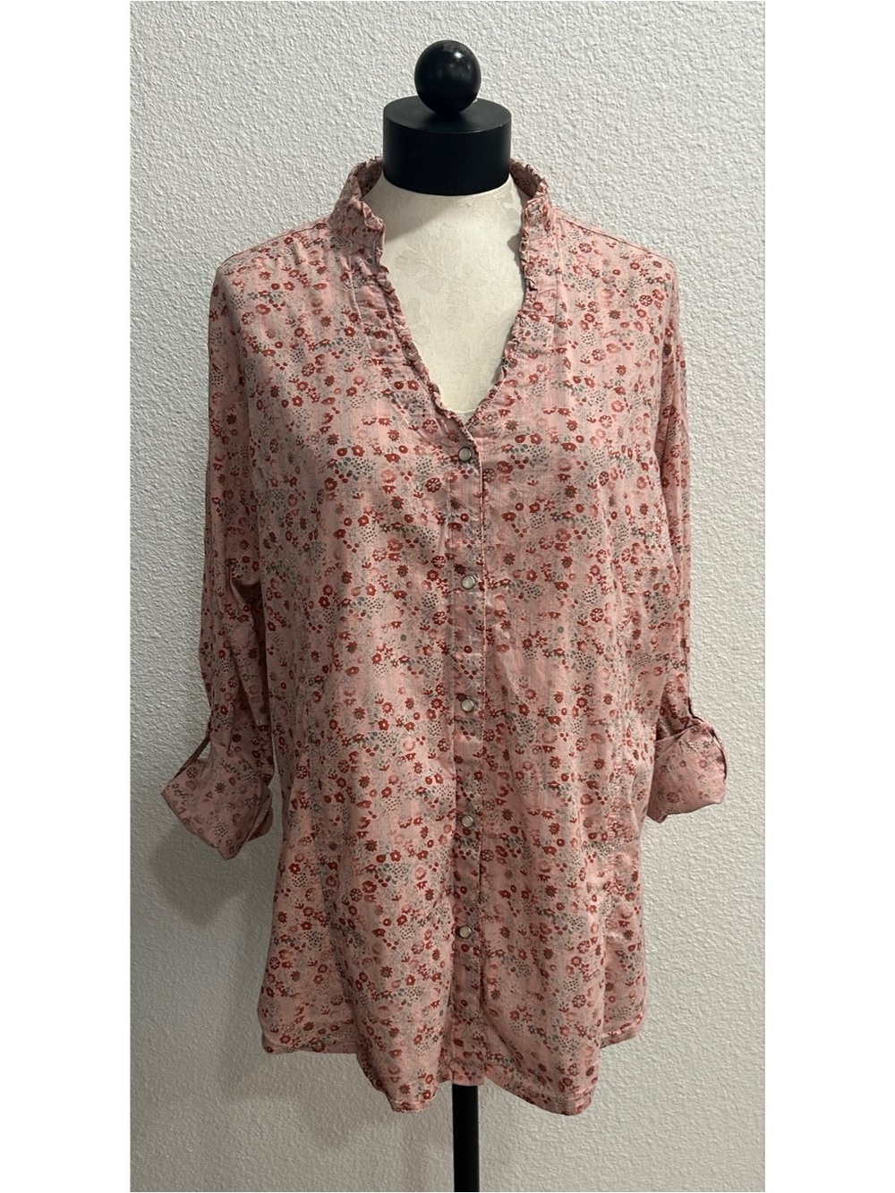 Wrangler Women’s Western Shirt Snaps Pink Floral Ruffle Rodeo Tab Sleeve Sz XXL